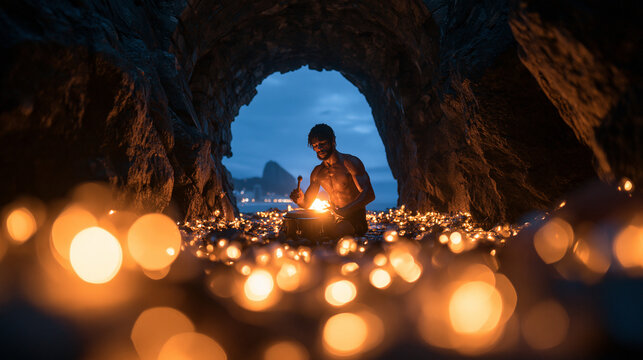 Man Playing Drum inside Candlelit Cave at Twilight