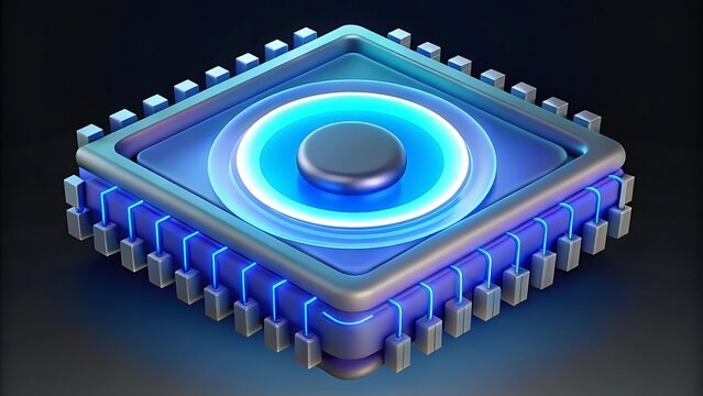 Futuristic blue computer microchip processor with glowing neon light elements