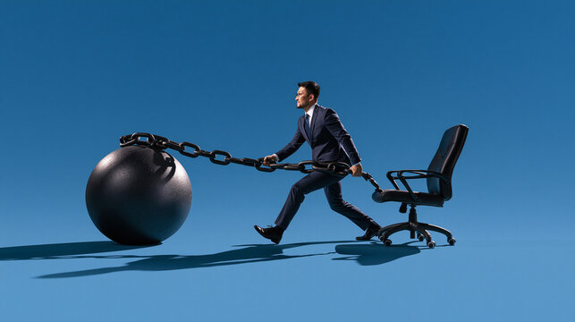 Businessman Dragging Heavy Ball and Office Chair Symbolizing Corporate Stress
