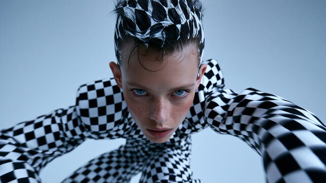 Avant Garde Fashion Model in Checkered Outfit Looking at Camera