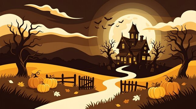 Spooky haunted house scene with full moon and pumpkin patch
