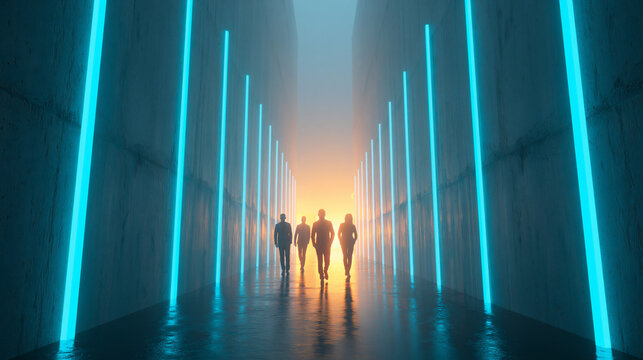 Business Team Walking Through Futuristic Neon Corridor Towards Light