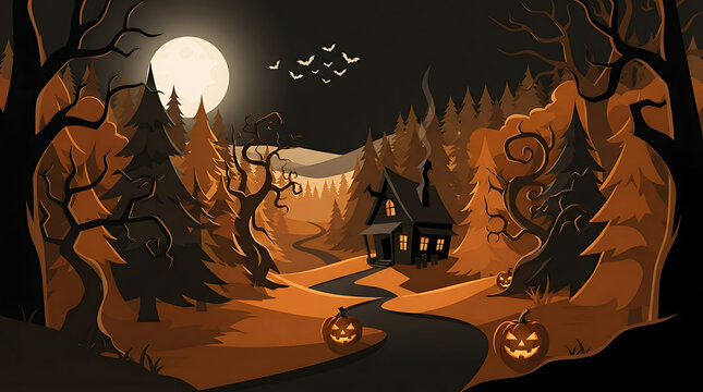 Spooky pixel art landscape featuring a haunted house with glowing pumpkins under a full moon in autumn forest