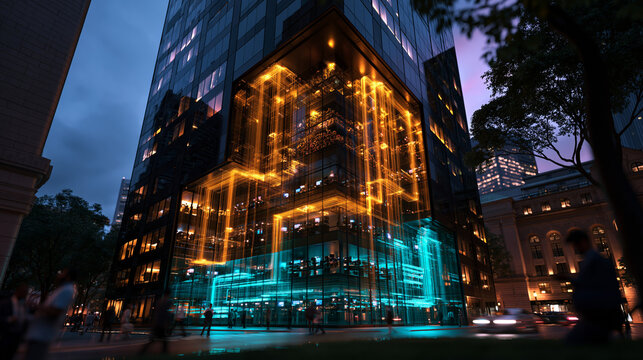 Futuristic Smart Building with Glowing Digital Data Streams at Night