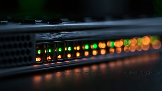Server Hardware LED Indicator Lights Glowing in Data Center