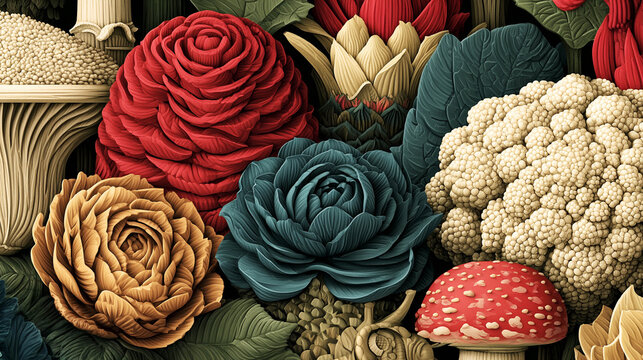Intricate Sculptural Botanical Pattern with Flowers and Woodland Elements