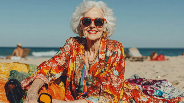 Happy Stylish Senior Woman Relaxing on Sunny Beach Vacation