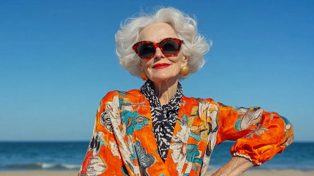 Confident Stylish Senior Woman Wearing Sunglasses on Sunny Beach