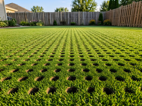 professional core aeration service | mechanical lawn aeration process | soil drainage improvement | residential lawn care maintenance | healthy green backyard grass