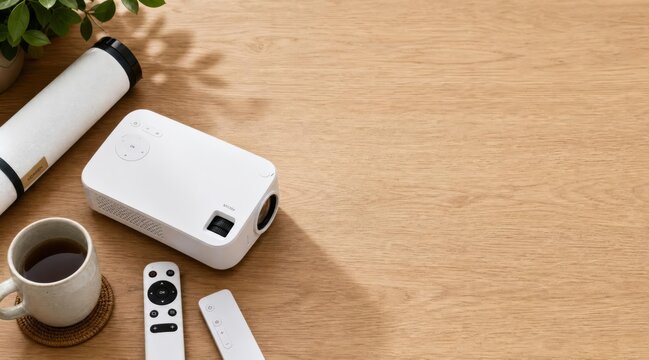 Flat lay of mini projector and tech accessories on wood surface