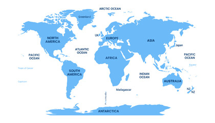 World Map Illustration with Labeled Continents and Oceans in Flat Blue and White © Mstmasuma