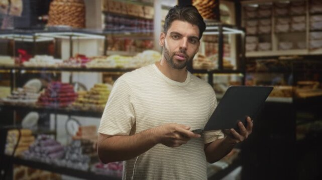 Man with beard typing on laptop with right index finger while holding the screen at chest level amid bakery pastry shelves and display cases; concentration productivity.