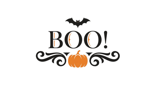 A festive helloween graphic design featuring the word boo with a cute bat and pumpkin illustration for seasonal holiday decorations isolated on transparent background