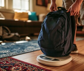 Obraz premium Person Weighing Backpack on Digital Scale in Living Room