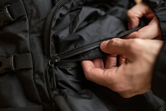 Hand Adjusting Black Zipper on Jacket