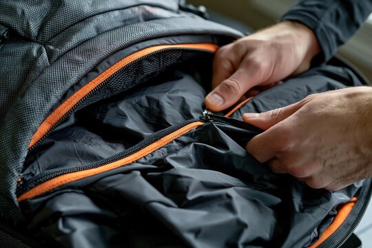 Hand zipping black backpack, orange trim.
