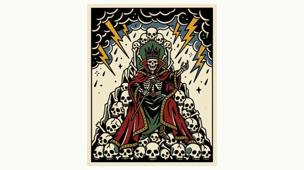 Fototapeta premium Skeleton King on Skull Throne with Lightning