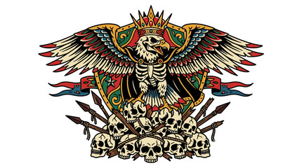 Fototapeta premium Eagle Skeleton King with Skulls and Spears