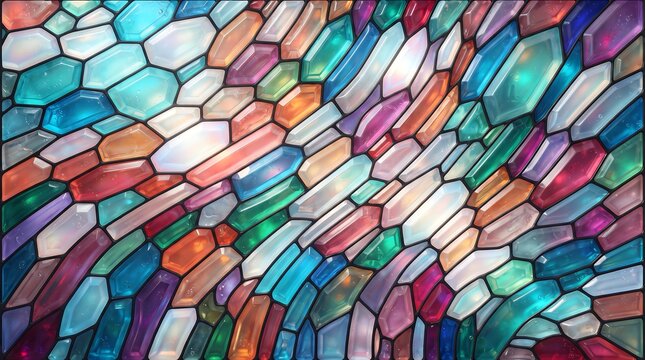 Abstract stained glass pattern featuring a kaleidoscopic array of vibrant jeweltoned geometric shapes casting luminous light effects