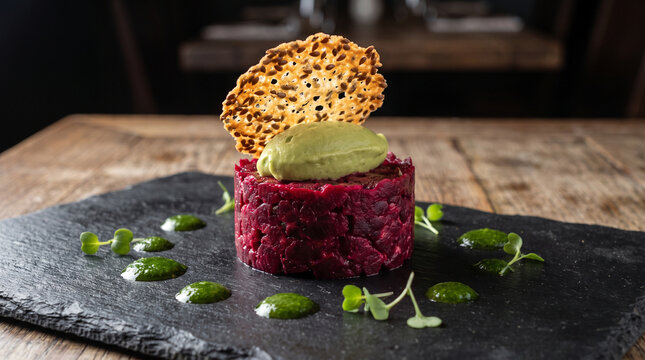 Elegant vegan beetroot tartare with avocado mousse and a flaxseed tuile on a dark stone slab. Gourmet plant-based fine dining, modern healthy culinary art.