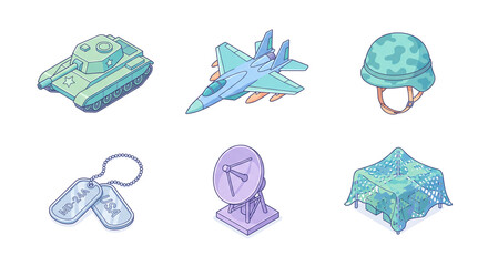 Fototapeta premium This image showcases military-themed icons including a tank, fighter jet, helmet, dog tags, radar, and camouflage net, representing defense and military operations.