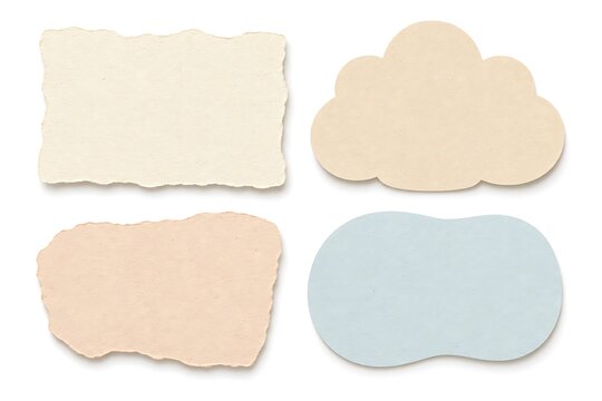 Various torn paper scraps and cutouts in cloud and blob shapes for design elements.