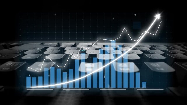 Vibrant financial graph showcasing upward growth against a keyboard backdrop, ideal for representing analytics, investment strategies, and modern business trends. Copula