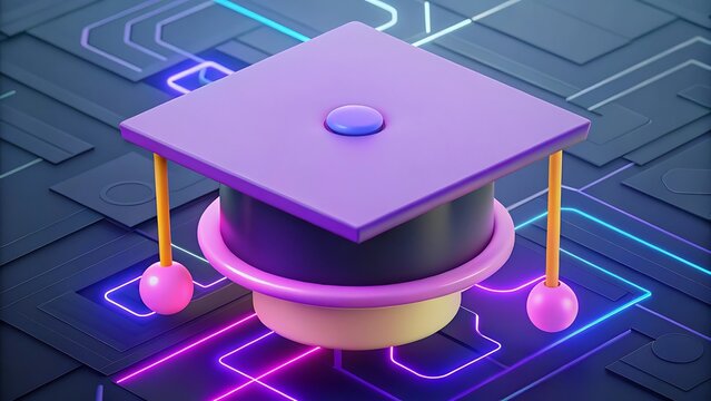 Futuristic glowing graduation cap with digital circuit board design elements