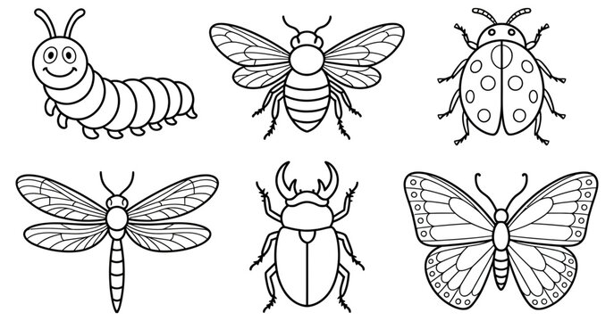 Cute insect and bug line art icon set featuring butterfly, honeybee, ladybug, caterpillar, dragonfly, and beetle vector coloring elements
