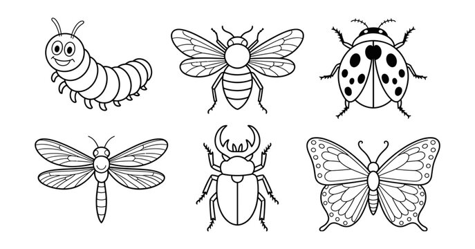 Cute insect and bug line art icon set featuring butterfly, honeybee, ladybug, caterpillar, dragonfly, and beetle vector coloring elements