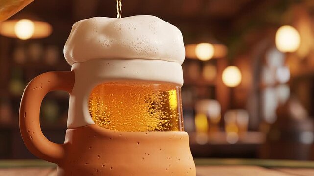 Beer Pouring into a Rustic Ceramic Stein at a Cozy Tavern Bar