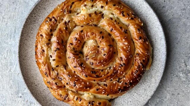 Greek cheese and sesame pie, a traditional Balkan dish. Balkan pie as a food background for your design