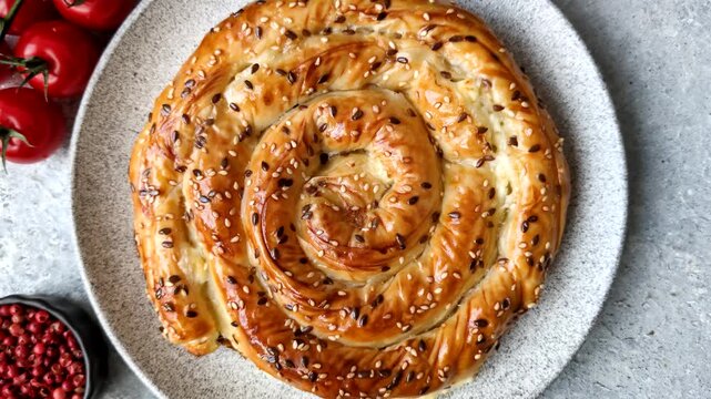 Greek cheese and sesame pie, a traditional Balkan dish. Balkan pie as a food background for your design