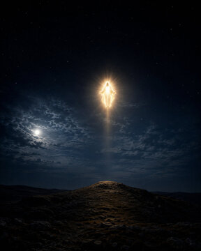 Glowing Jesus ascending to heaven above a hill under a night sky with the moon
