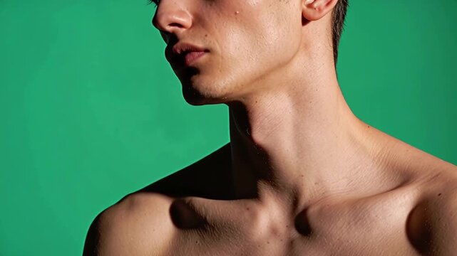 Male model with light skin turns his shoulder into hard side light against an emerald background, showcasing defined facial features and neck structure in a series of three frames