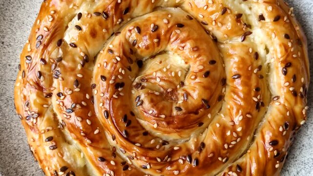Greek cheese and sesame pie, a traditional Balkan dish. Balkan pie as a food background for your design