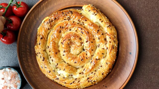 Greek cheese and sesame pie, a traditional Balkan dish. Balkan pie as a food background for your design