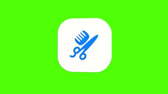 3D animated pet grooming scissors and comb tool icon on a white rounded card with a green screen background. Smooth loop motion, perfect for mobile app UI, pet salon, and video editing elements. 