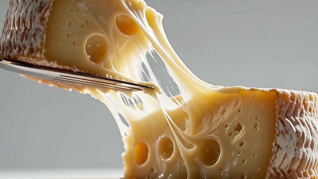 Cheese slice being lifted with a fork, revealing stretchy, melted texture as it pulls away from the block, showcasing its creamy interior and distinctive holes