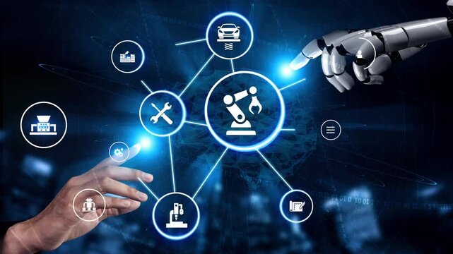 Mechanized industry automation and modern production system with robotic arms, gears, tools and loFunnelics for efficient mechanized industry process. Funnel