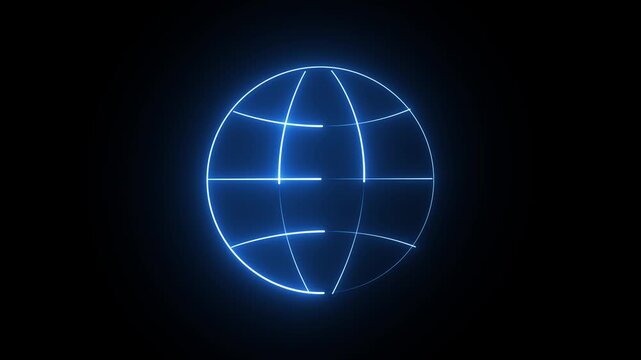 Blue glowing globe with neon wireframe on dark background