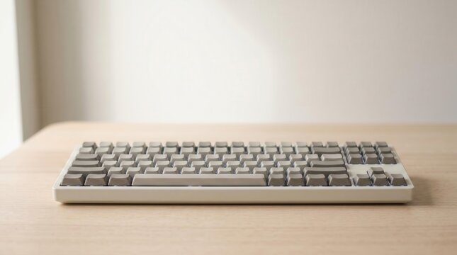 Grey retro mechanical computer keyboard standing on wooden desk near white wall