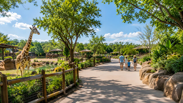 Family walking along a pathway in a modern zoo looking at a giraffe in its enclosure on a sunny day