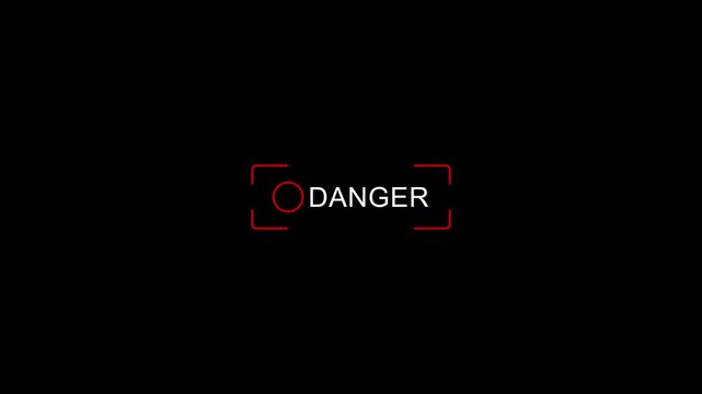 Danger warning hud overlay with red digital targeting frame and text animation alert heads-up display
