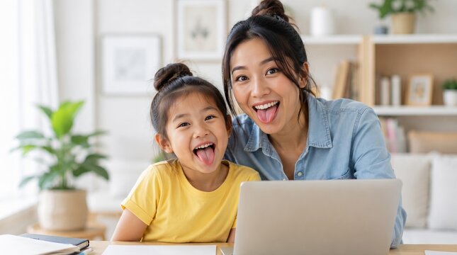 自宅でノートパソコンを見て笑顔の日本人親子の母と娘