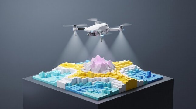 White drone scanning low poly terrain map with searchlights 3d illustration