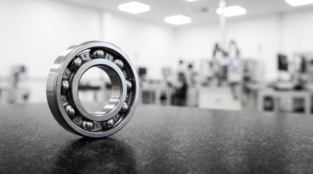 Steel ball bearing standing on table in industrial laboratory