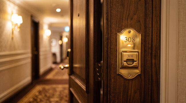 Close-Up Corner Shot of Polished Brass Hotel Keycard Reader on Dark Wood Door