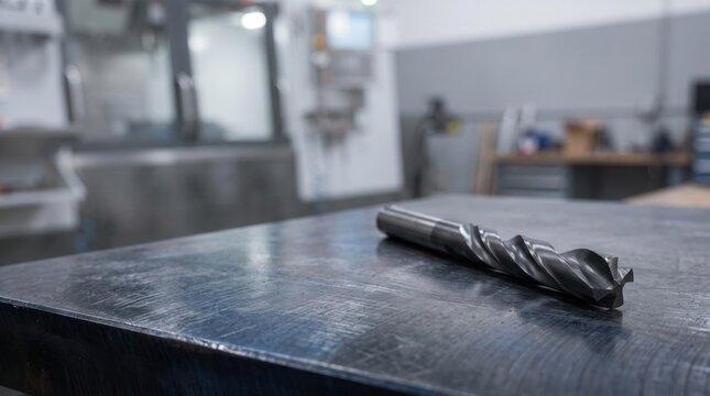 Steel twist drill bit lying on metal table in industrial workshop