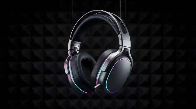 Modern gaming headset with neon LED lighting on a dark acoustic foam background
